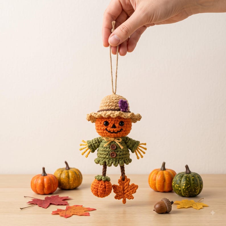 Crochet Halloween Car Charm | Jack-o-Lantern Scarecrow Rear View Mirror Ornament
