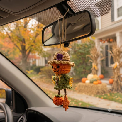 Crochet Halloween Car Charm | Jack-o-Lantern Scarecrow Rear View Mirror Ornament