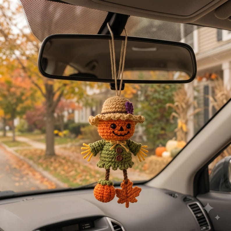 Crochet Halloween Car Charm | Jack-o-Lantern Scarecrow Rear View Mirror Ornament