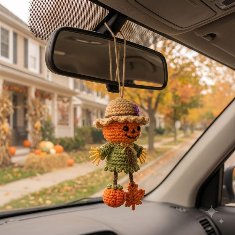 Crochet Halloween Car Charm | Jack-o-Lantern Scarecrow Rear View Mirror Ornament