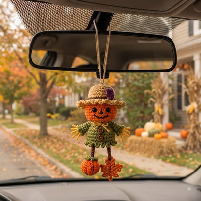 Crochet Halloween Car Charm | Jack-o-Lantern Scarecrow Rear View Mirror Ornament