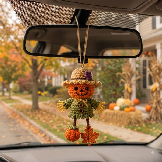 Crochet Halloween Car Charm | Jack-o-Lantern Scarecrow Rear View Mirror Ornament