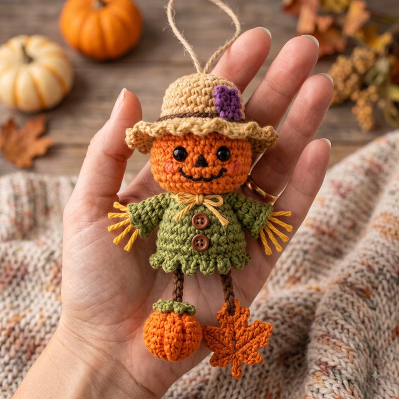 Crochet Halloween Car Charm | Jack-o-Lantern Scarecrow Rear View Mirror Ornament