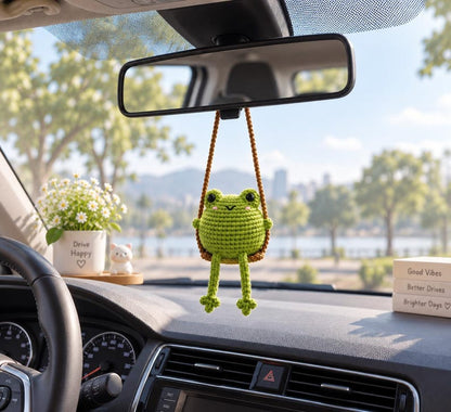Cute Swinging Frog Car Mirror Hanging Accessories, Crochet Frog Ornaments, New Car Gift Idea, Gift For Her, Car Decorations, Frog Car Charm
