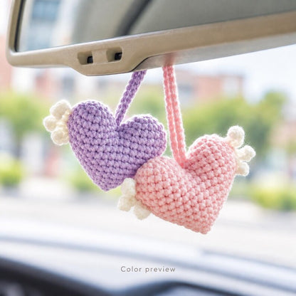 Set of 2 Crochet Heart Wing Car Mirror Charms, Pink and Purple Rear View Hanging Decor