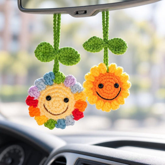 Smiley Crochet Sunflower Rear View Mirror Charm, Car Mirror Hanging Ornament, Cute Boho Car Decor, Women/Teen Driver Gift