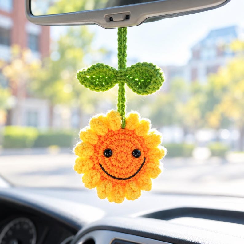 Smiley Crochet Sunflower Rear View Mirror Charm, Car Mirror Hanging Ornament, Cute Boho Car Decor, Women/Teen Driver Gift