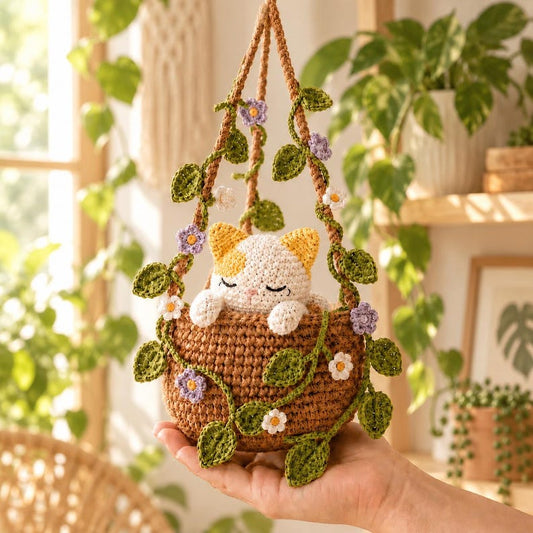 Crochet Cat Hanging Basket with Flowers, Sleeping Kitty Decor, Cottagecore Gift for Cat Lovers