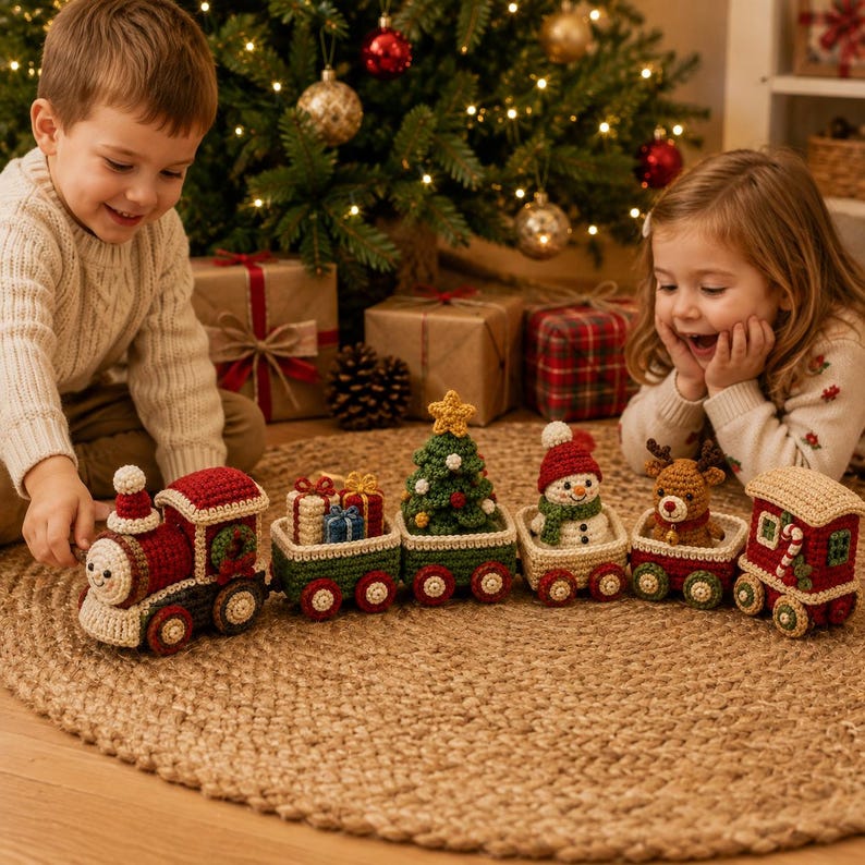 Crochet Christmas Train Set, Handmade Holiday Train Decor, Amigurumi Christmas Train, Xmas Table Decor, Christmas Gift