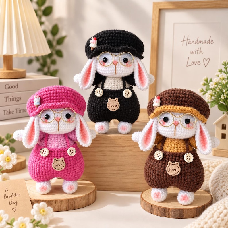 Cute Bunny Crochet Doll – Kawaii Rabbit Amigurumi – Handmade Plush Bunny with Hat – Crochet Animal Toy – Unique Handmade Gift,