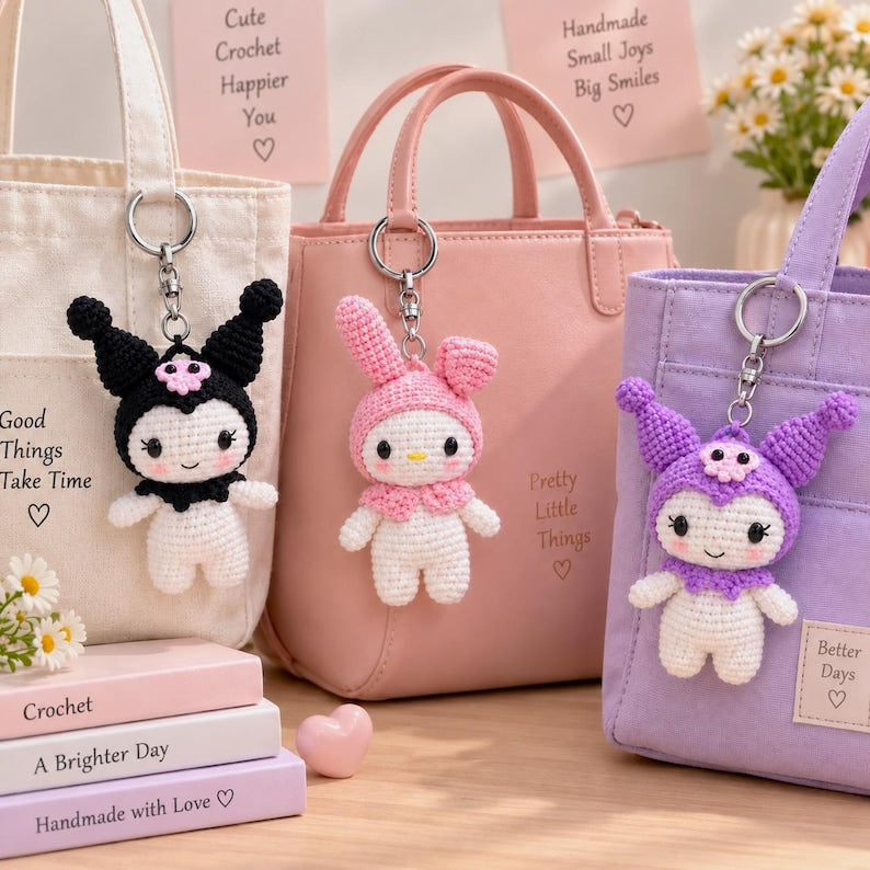 Handmade Crochet Kuromi Plush, Amigurumi Kuromi, Kuromi Crochet Doll, Kuromi Plushie Kuromi Keychain, Kawaii Sanrio Bag Charm, Gift for Her