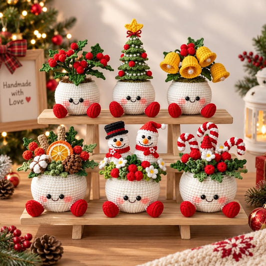 Crochet Christmas Flower Pot, Handmade Holiday Decor, Christmas Tree Snowman Bells Berry Planter, Cute Winter Home Gift