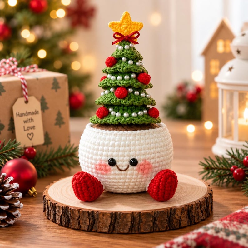 Crochet Christmas Flower Pot, Handmade Holiday Decor, Christmas Tree Snowman Bells Berry Planter, Cute Winter Home Gift