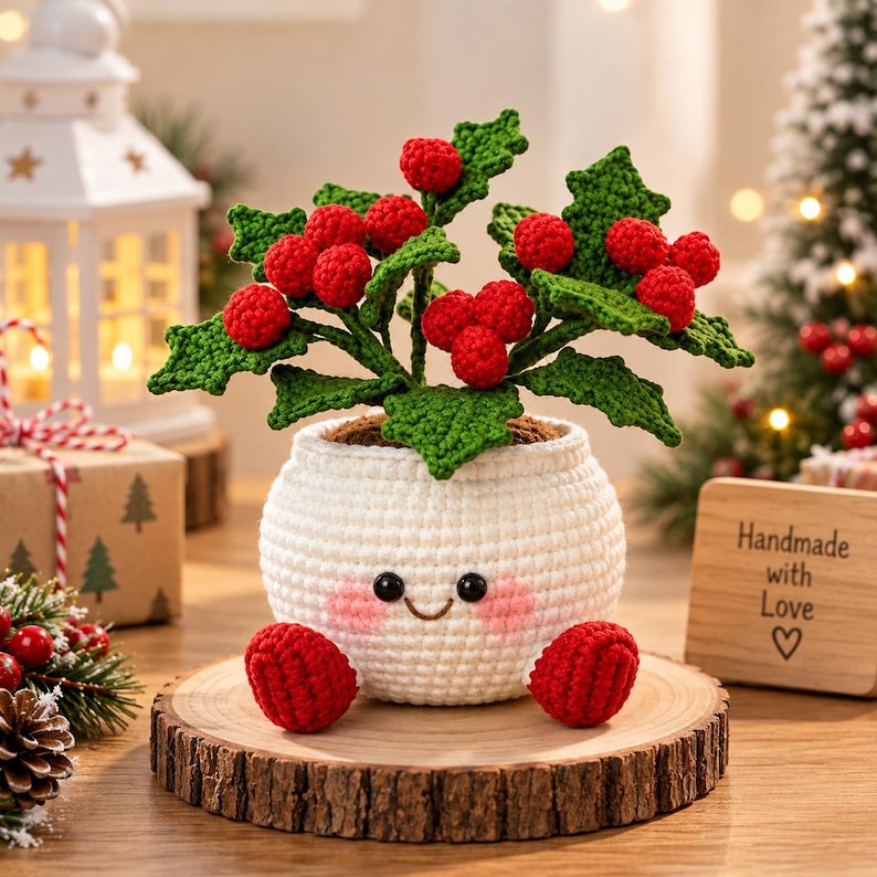 Crochet Christmas Flower Pot, Handmade Holiday Decor, Christmas Tree Snowman Bells Berry Planter, Cute Winter Home Gift