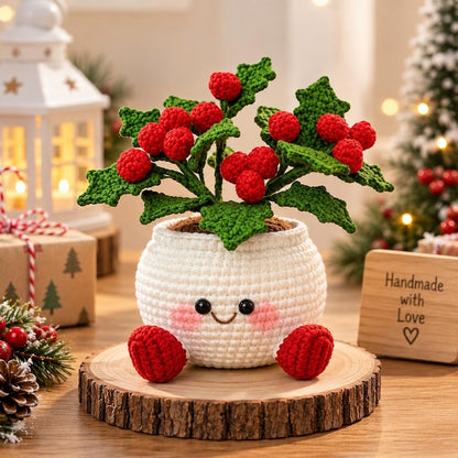 Crochet Christmas Flower Pot, Handmade Holiday Decor, Christmas Tree Snowman Bells Berry Planter, Cute Winter Home Gift