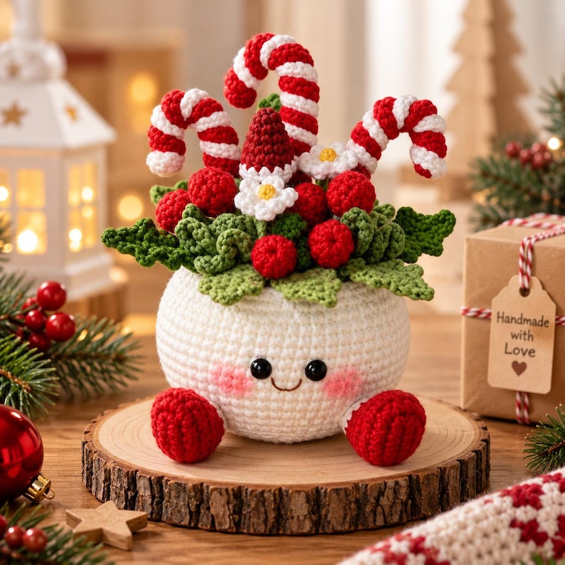 Crochet Christmas Flower Pot, Handmade Holiday Decor, Christmas Tree Snowman Bells Berry Planter, Cute Winter Home Gift