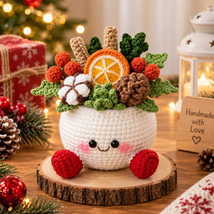 Crochet Christmas Flower Pot, Handmade Holiday Decor, Christmas Tree Snowman Bells Berry Planter, Cute Winter Home Gift