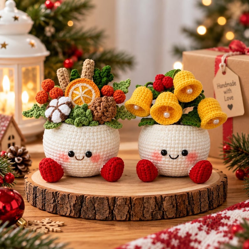 Crochet Christmas Flower Pot, Handmade Holiday Decor, Christmas Tree Snowman Bells Berry Planter, Cute Winter Home Gift