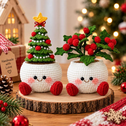 Crochet Christmas Flower Pot, Handmade Holiday Decor, Christmas Tree Snowman Bells Berry Planter, Cute Winter Home Gift