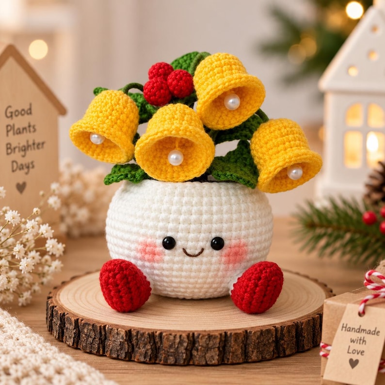 Crochet Christmas Flower Pot, Handmade Holiday Decor, Christmas Tree Snowman Bells Berry Planter, Cute Winter Home Gift