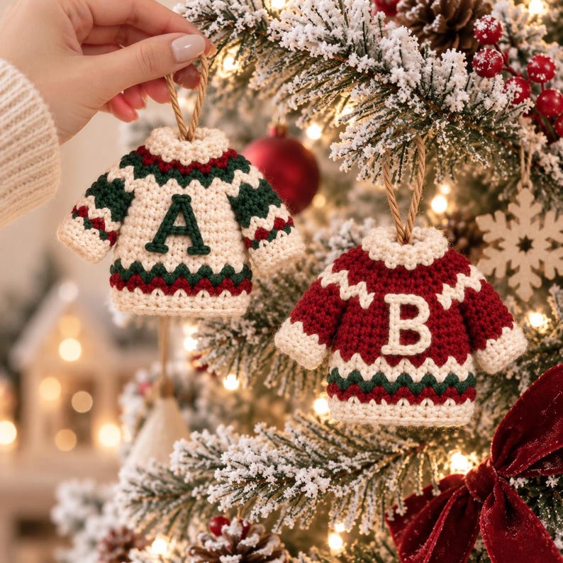 Personalized Christmas Sweater Ornament, Crochet Initial Ornament, Mini Sweater Christmas Decor, Custom Family Ornament, Handmade Gift
