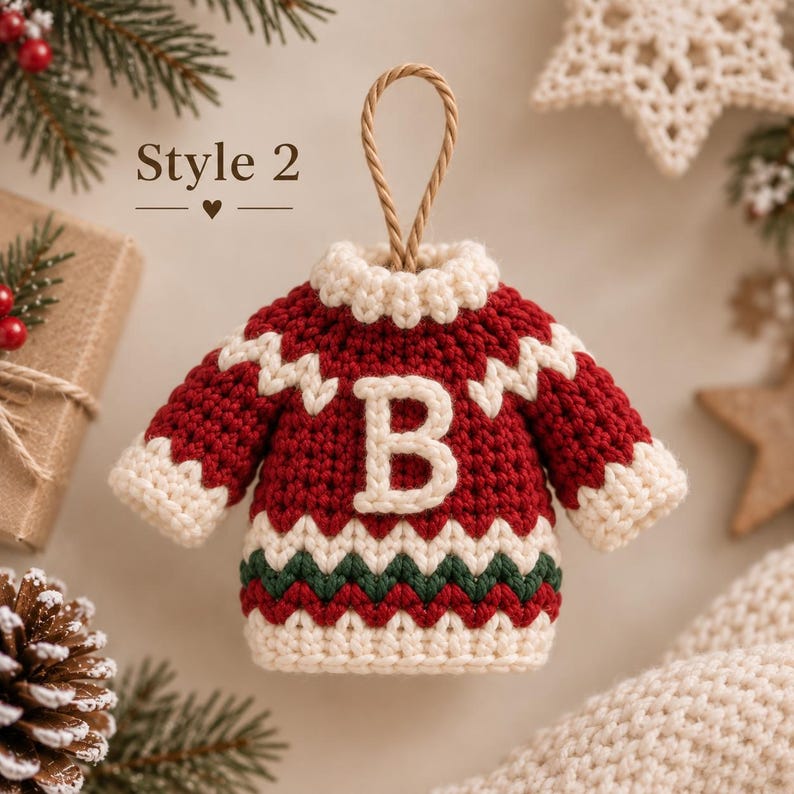 Personalized Christmas Sweater Ornament, Crochet Initial Ornament, Mini Sweater Christmas Decor, Custom Family Ornament, Handmade Gift