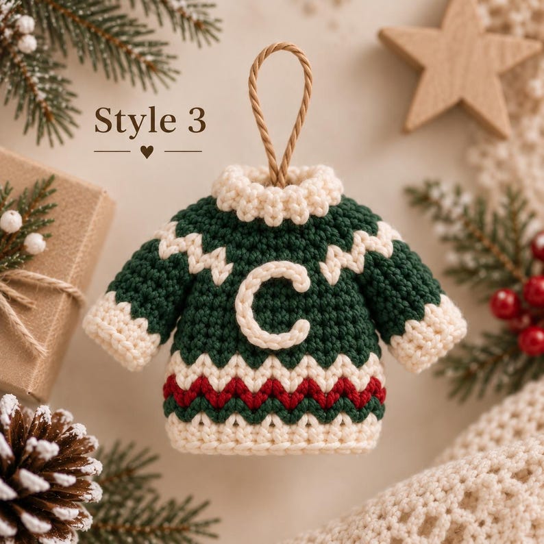 Personalized Christmas Sweater Ornament, Crochet Initial Ornament, Mini Sweater Christmas Decor, Custom Family Ornament, Handmade Gift