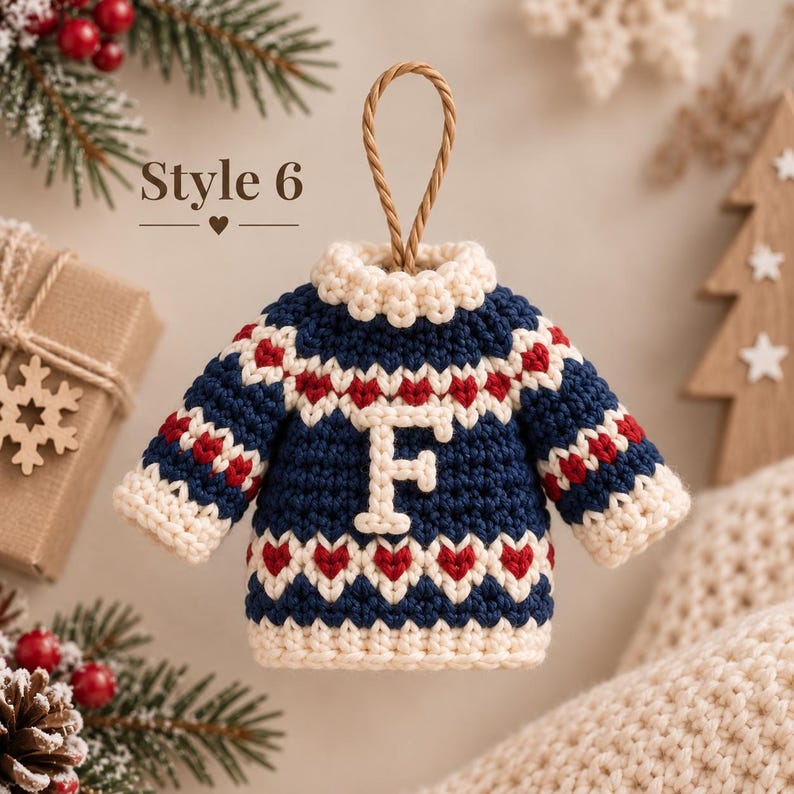 Personalized Christmas Sweater Ornament, Crochet Initial Ornament, Mini Sweater Christmas Decor, Custom Family Ornament, Handmade Gift