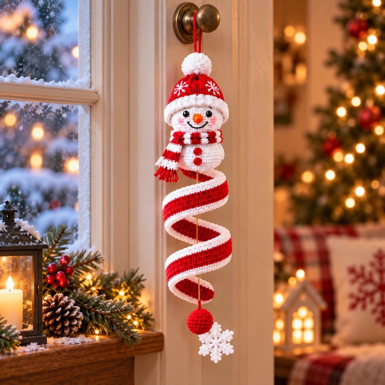 Crochet Snowman Ornament, Christmas Spiral Hanging Decor, Handmade Snowman Tree Ornament, Xmas Holiday Gift, Winter Home Decor