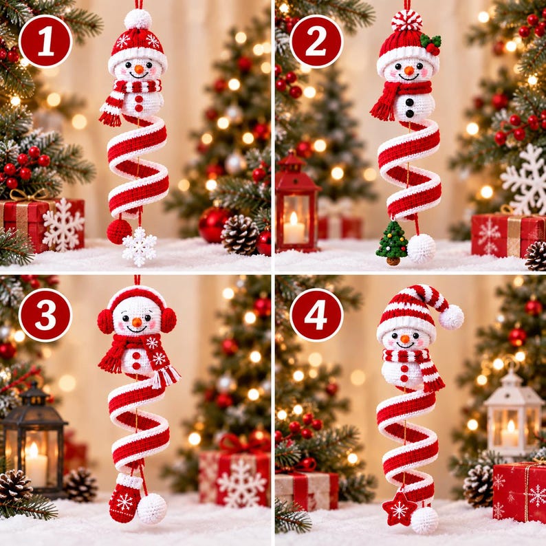 Crochet Snowman Ornament, Christmas Spiral Hanging Decor, Handmade Snowman Tree Ornament, Xmas Holiday Gift, Winter Home Decor
