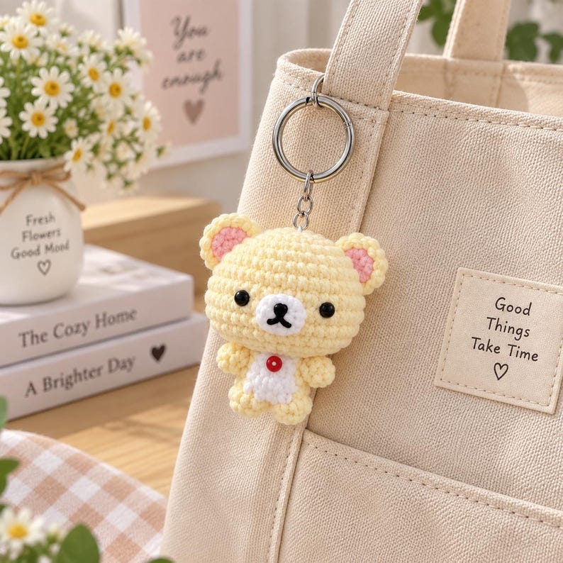 Cute Crochet Bear Keychain, Handmade Amigurumi Bear Bag Charm, Kawaii Teddy Keyring, Gift for Her, Cute Backpack Charm