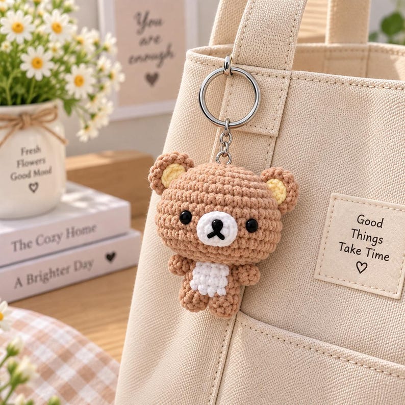 Cute Crochet Bear Keychain, Handmade Amigurumi Bear Bag Charm, Kawaii Teddy Keyring, Gift for Her, Cute Backpack Charm