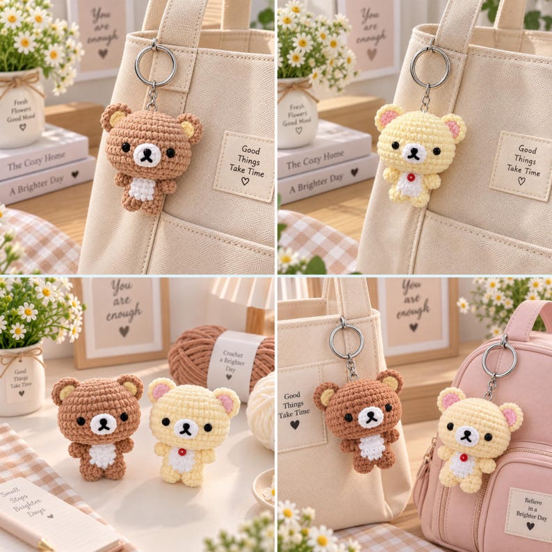 Cute Crochet Bear Keychain, Handmade Amigurumi Bear Bag Charm, Kawaii Teddy Keyring, Gift for Her, Cute Backpack Charm