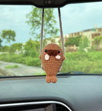 Cute Swinging Baby Walrus Car Mirror Hanging Accessories, Crochet Walrus Ornaments, New Car Gift, Gift For Her, Car Decorations, Car Charm
