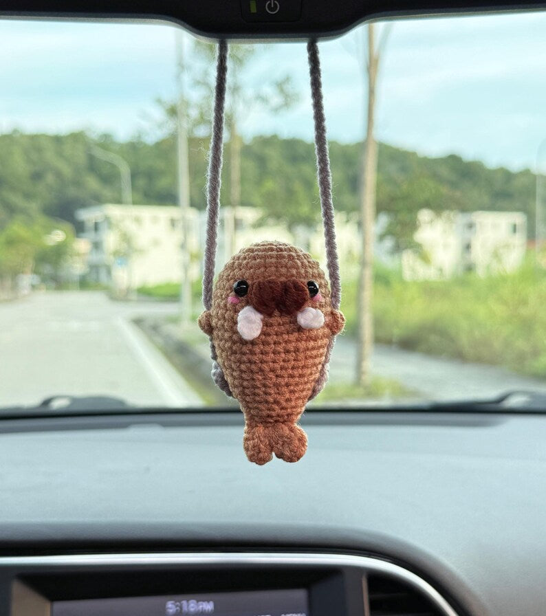 Cute Swinging Baby Walrus Car Mirror Hanging Accessories, Crochet Walrus Ornaments, New Car Gift, Gift For Her, Car Decorations, Car Charm