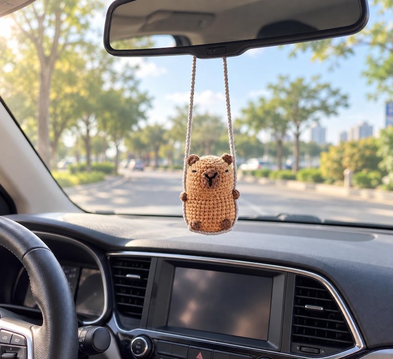 Crochet Capybara Ornaments, Cute Swinging Capybara Car Mirror Hanging Accessories, New Car Gift, Gift For Her, Car Decorations, Car Charm