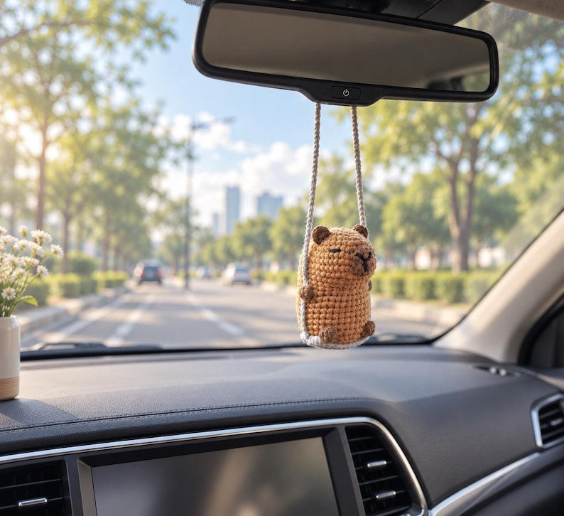 Crochet Capybara Ornaments, Cute Swinging Capybara Car Mirror Hanging Accessories, New Car Gift, Gift For Her, Car Decorations, Car Charm