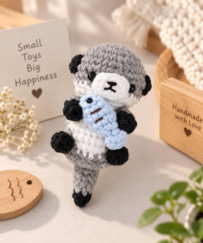 Crochet Otter Plushie with Fish – Handmade Amigurumi Otter Keychain, Cute Sea Animal Gift, Otter Couple Toy Charm, Crochet Keychain, Gift