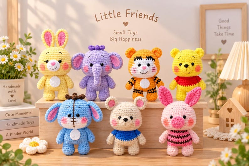 Crochet Winnie Pooh And Friends Set, Cute Animal Crochet Dolls Set – Kawaii Amigurumi Animals – Handmade Mini Plush Toys – Gift Set