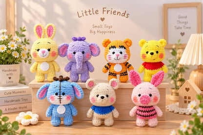 Crochet Winnie Pooh And Friends Set, Cute Animal Crochet Dolls Set – Kawaii Amigurumi Animals – Handmade Mini Plush Toys – Gift Set