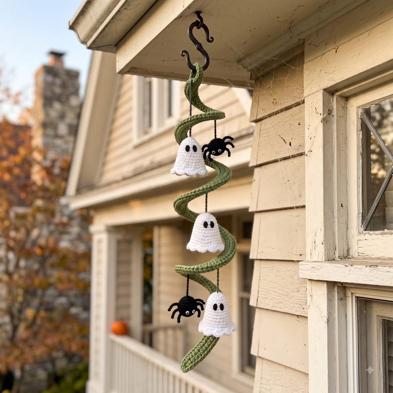 Halloween Crochet Garland, Ghost Spider Spiral Hanging Decor, Handmade Fall Wall Decoration