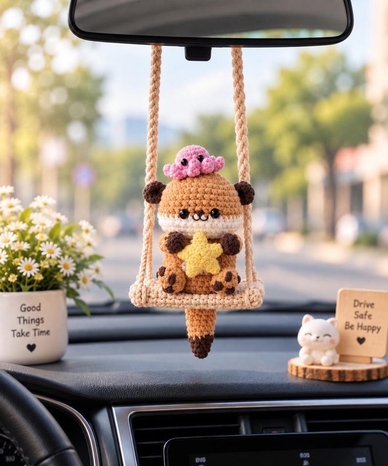 Cute Crochet Otter Car Hanging Ornament, Amigurumi Otter with Fish, Kawaii Car Charm, Handmade Rearview Mirror Accessory, Mother's Day Gift