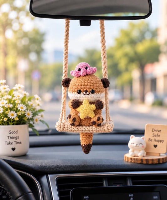 Cute Crochet Otter Car Hanging Ornament, Amigurumi Otter with Fish, Kawaii Car Charm, Handmade Rearview Mirror Accessory, Mother's Day Gift