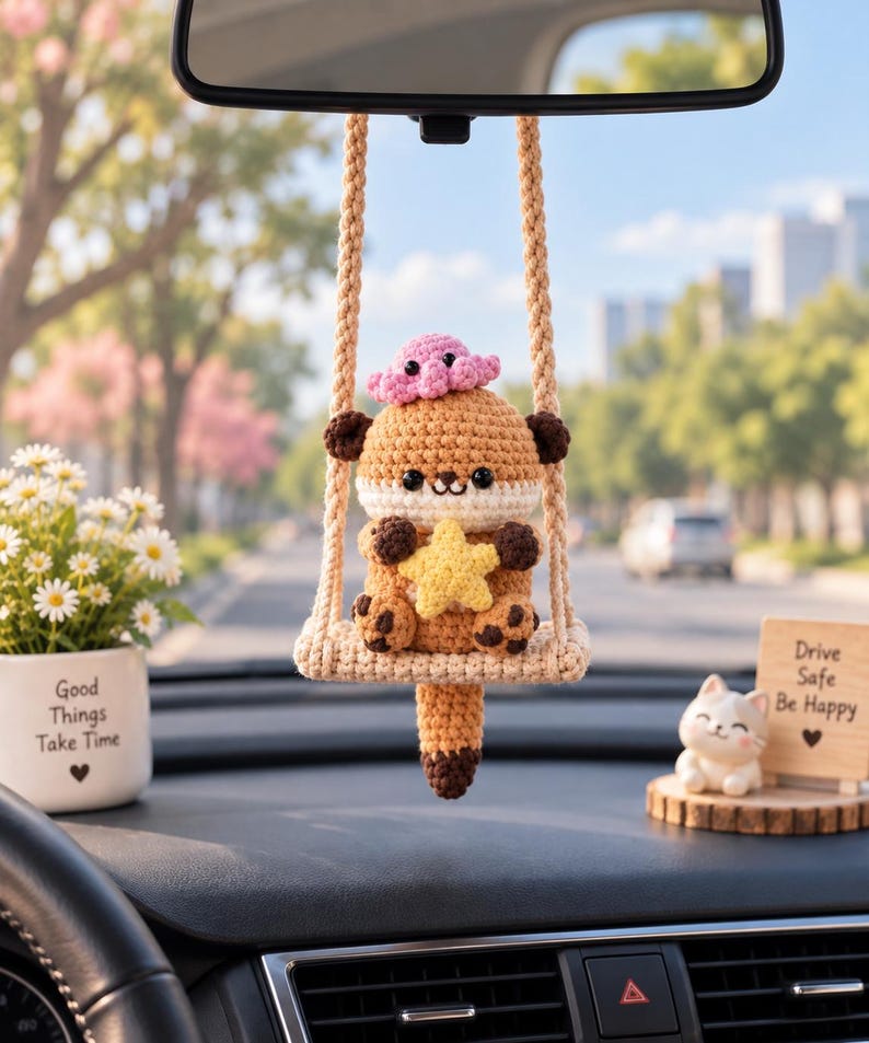 Cute Crochet Otter Car Hanging Ornament, Amigurumi Otter with Fish, Kawaii Car Charm, Handmade Rearview Mirror Accessory, Mother's Day Gift