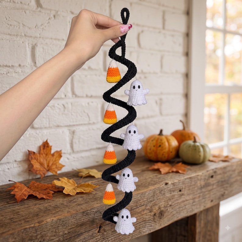 Crochet Spiral Hanging Garland, Halloween Ghost and Candy Corn Decor