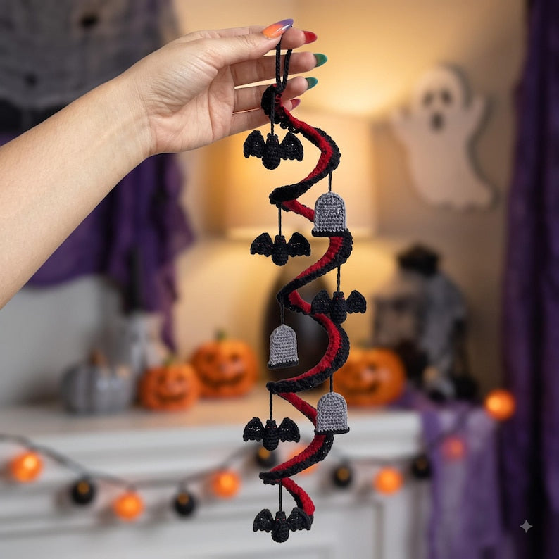 Crochet Spiral Halloween Garland, Red Black Bat Ghost Hanging Decor