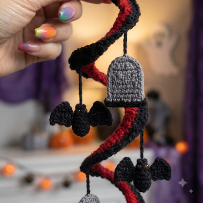 Crochet Spiral Halloween Garland, Red Black Bat Ghost Hanging Decor