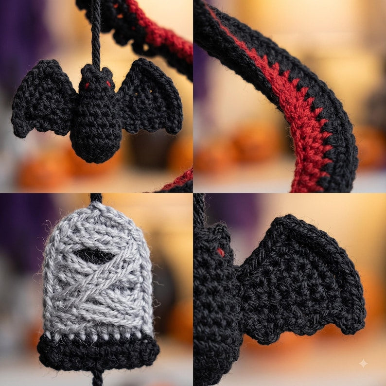 Crochet Spiral Halloween Garland, Red Black Bat Ghost Hanging Decor