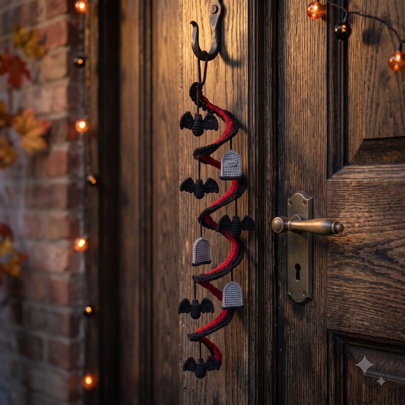 Crochet Spiral Halloween Garland, Red Black Bat Ghost Hanging Decor