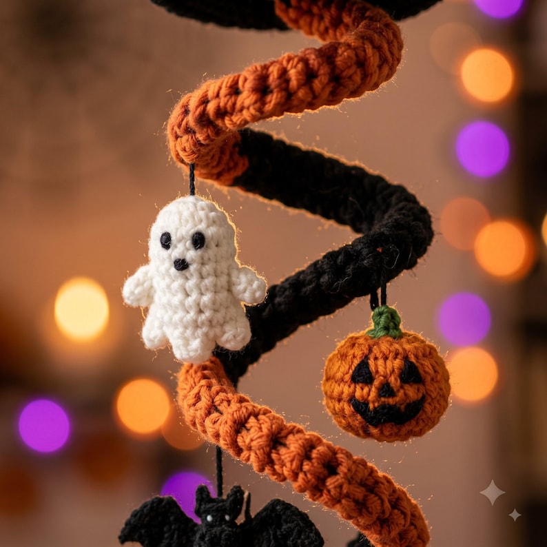Crochet Spiral Halloween Garland, Witch Hat Ghost Bat Pumpkin Decor